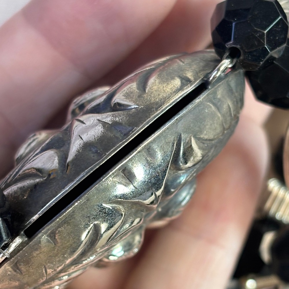 Vintage Tassel Medallion Necklace Black Silver Tone Metal Victorian Goth Boho - Picture 11 of 16
